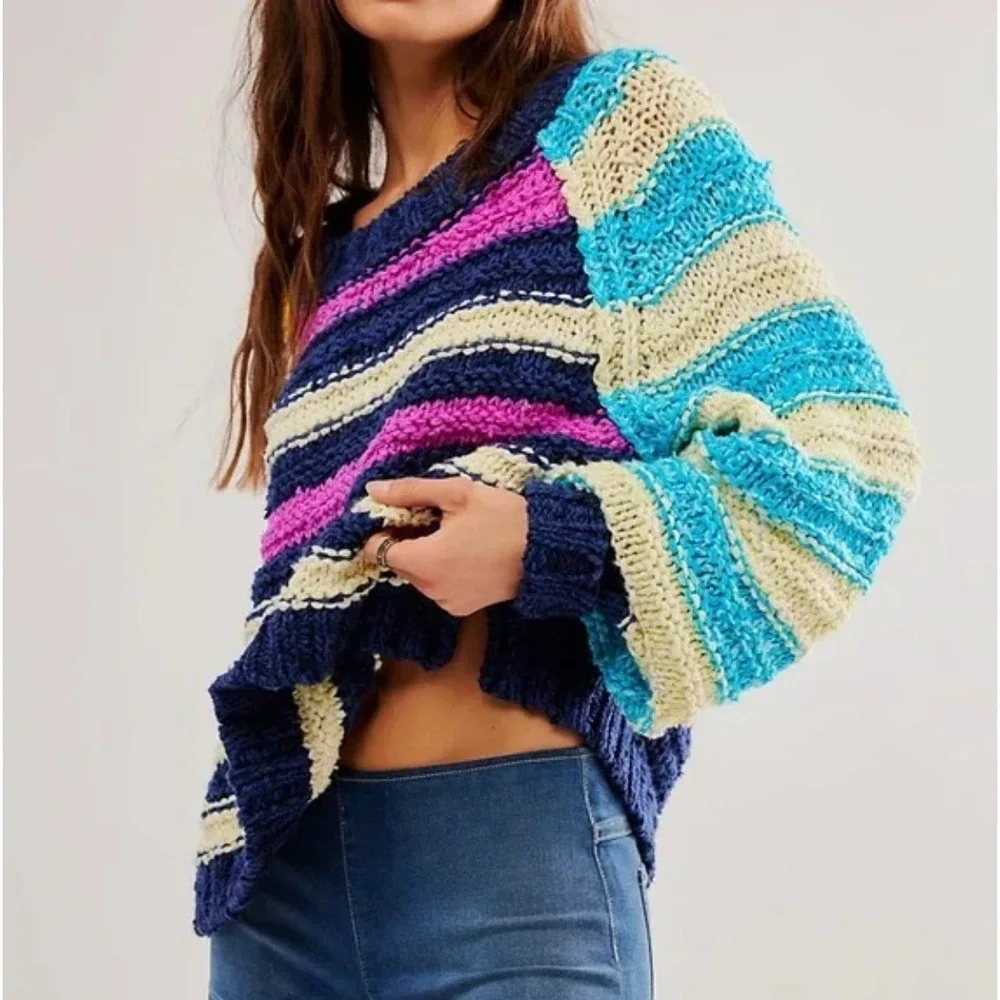 FREE PEOPEL Cruze Striped Knit Pullover Sweater Multi Color Boho‎ Size XS